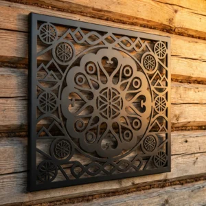 Panel dekoracyjny metalowy góralski Rozeta Serca Tatr zamontowany na drewnianej ścianie