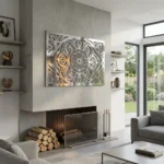 Panel dekoracyjny metalowy góralski Rozeta Tatrzańskiej Harmonii zamontowany nad kominkiem w nowoczesnym wnętrzu