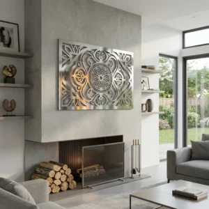 Panel dekoracyjny metalowy góralski Rozeta Tatrzańskiej Harmonii zamontowany nad kominkiem w nowoczesnym wnętrzu