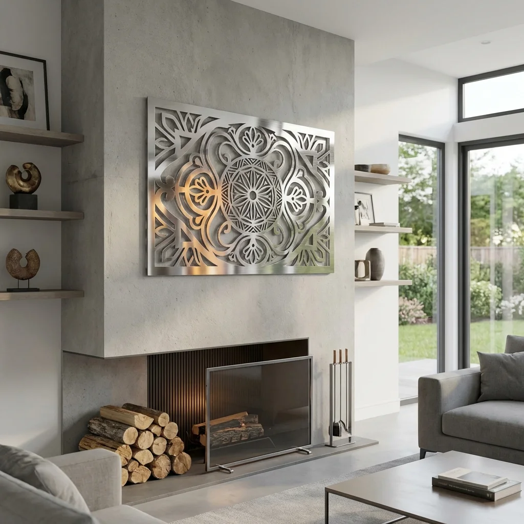 Panel dekoracyjny metalowy góralski Rozeta Tatrzańskiej Harmonii zamontowany nad kominkiem w nowoczesnym wnętrzu
