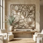 Metalowy panel dekoracyjny Kwitnąca Magnolia z kwiatowym wzorem zawieszony na ścianie w jasnym eleganckim wnętrzu