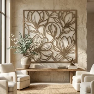 Metalowy panel dekoracyjny Kwitnąca Magnolia z kwiatowym wzorem zawieszony na ścianie w jasnym eleganckim wnętrzu