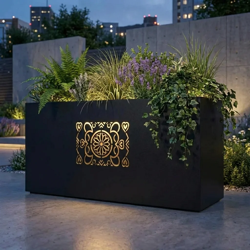 Donica LED góralska Rozeta Podhalańska z podświetlanym wzorem w nowoczesnej aranżacji ogrodu
