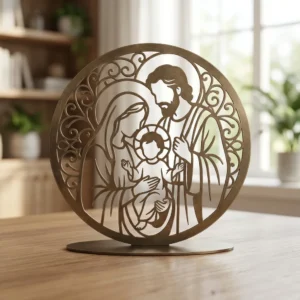 Święta Rodzina Aurea – metalowa dekoracja wolnostojąca ustawiona na drewnianym stole w jasnym wnętrzu