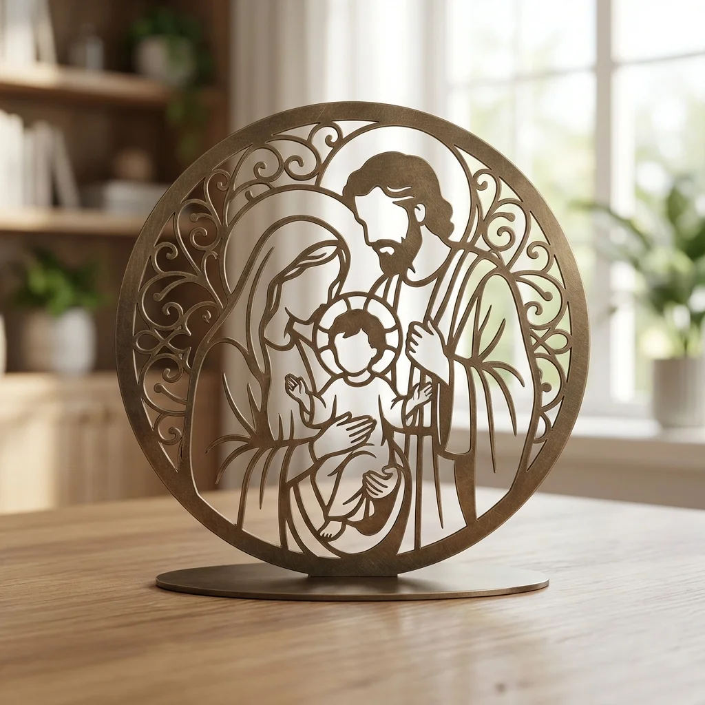 Święta Rodzina Aurea – metalowa dekoracja wolnostojąca ustawiona na drewnianym stole w jasnym wnętrzu
