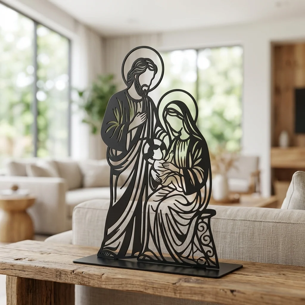 Święta Rodzina Nazaret – metalowa dekoracja wolnostojąca ustawiona na drewnianej półce w jasnym wnętrzu
