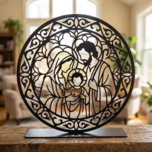 Święta Rodzina Rozeta – metalowa dekoracja wolnostojąca ustawiona na drewnianym stole w jasnym wnętrzu