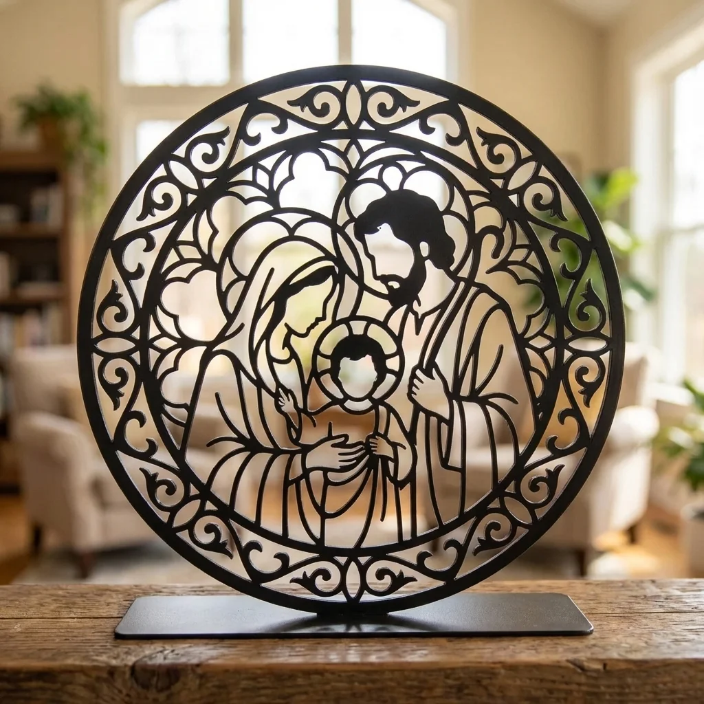 Święta Rodzina Rozeta – metalowa dekoracja wolnostojąca ustawiona na drewnianym stole w jasnym wnętrzu