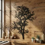 Metalowa dekoracja ścienna Drzewo Jesienne na jasnej kamiennej ścianie w przytulnym wnętrzu