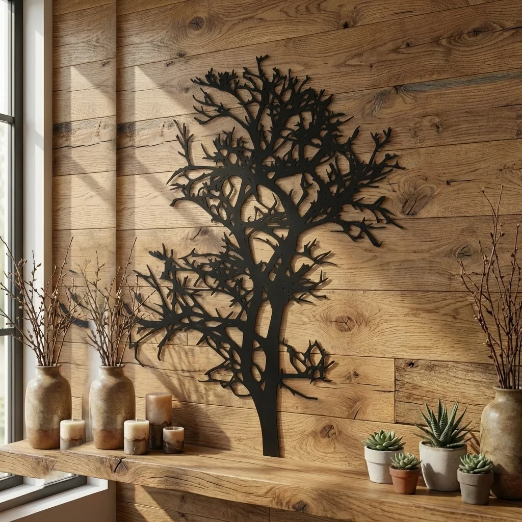 Metalowa dekoracja ścienna Drzewo Jesienne na jasnej kamiennej ścianie w przytulnym wnętrzu
