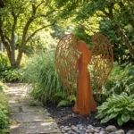 Anioł Ogrodu Opieki – metalowa dekoracja sakralna do ogrodu w formie anioła z ażurowymi skrzydłami