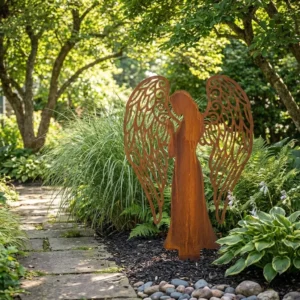 Anioł Ogrodu Opieki – metalowa dekoracja sakralna do ogrodu w formie anioła z ażurowymi skrzydłami