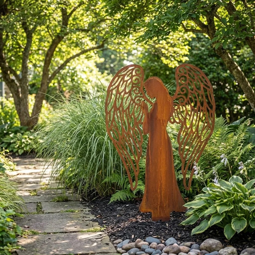 Anioł Ogrodu Opieki – metalowa dekoracja sakralna do ogrodu w formie anioła z ażurowymi skrzydłami