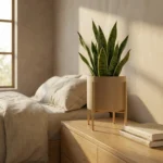 Donica metalowa na stojaku Linea beżowa – nowoczesny kwietnik z rośliną, minimalistyczna dekoracja wnętrza