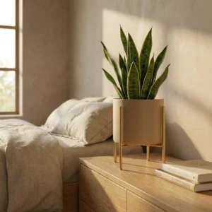 Donica metalowa na stojaku Linea beżowa – nowoczesny kwietnik z rośliną, minimalistyczna dekoracja wnętrza