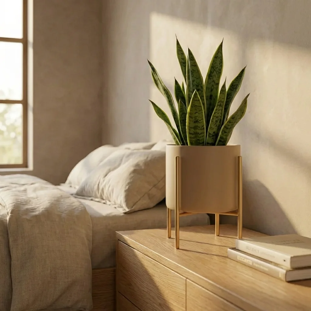 Donica metalowa na stojaku Linea beżowa – nowoczesny kwietnik z rośliną, minimalistyczna dekoracja wnętrza