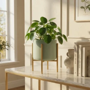 Donica metalowa na stojaku Linea seledynowa – nowoczesny kwietnik z rośliną, elegancka dekoracja wnętrza