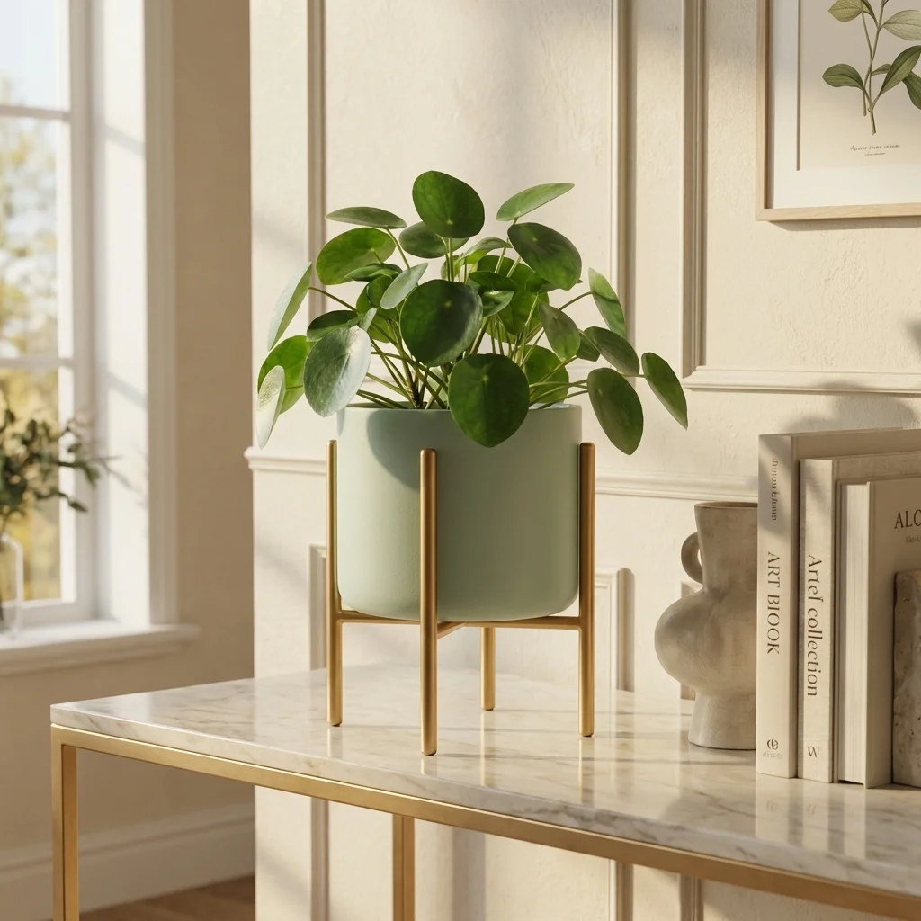 Donica metalowa na stojaku Linea seledynowa – nowoczesny kwietnik z rośliną, elegancka dekoracja wnętrza