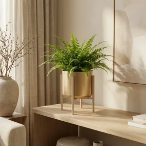 Donica metalowa na stojaku Linea złota – nowoczesny kwietnik z rośliną, elegancka dekoracja wnętrza