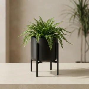 Donica metalowa na stojaku Linea czarna – nowoczesny kwietnik z rośliną, elegancka dekoracja wnętrza