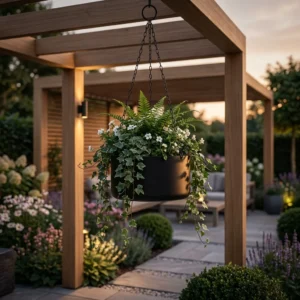 Donica wisząca metalowa Luna czarna – nowoczesna donica na łańcuchu z rośliną zwisającą