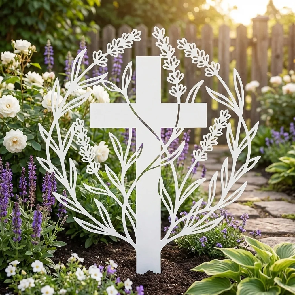 Krzyż Lawendowy Ogrodowy – metalowa dekoracja sakralna do ogrodu