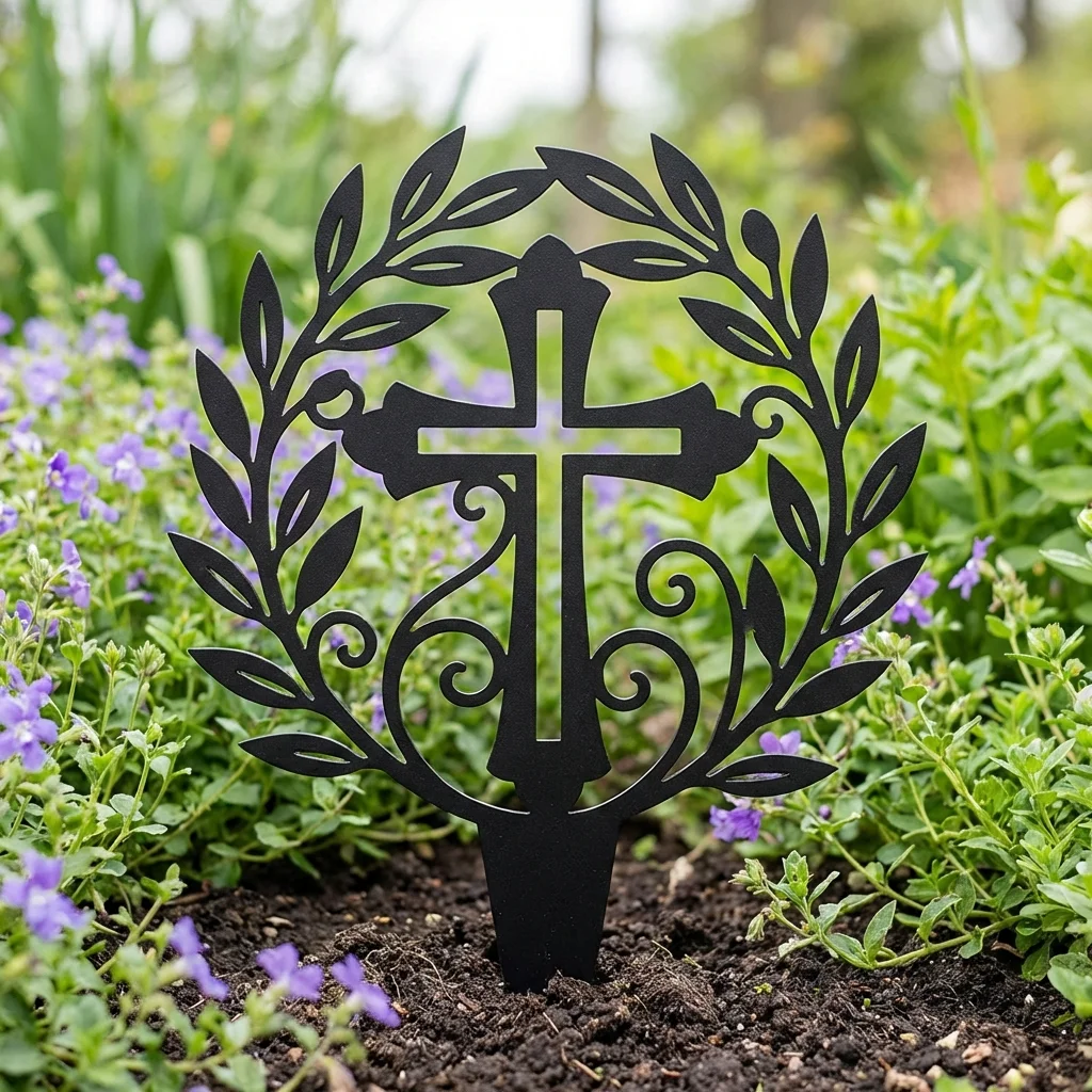Krzyż Ogrodowy Oliwny – metalowa dekoracja sakralna do ogrodu