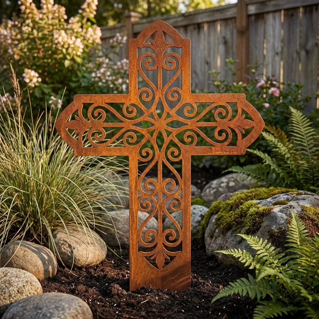 Krzyż Ogrodowy Ornament – metalowa dekoracja sakralna do ogrodu