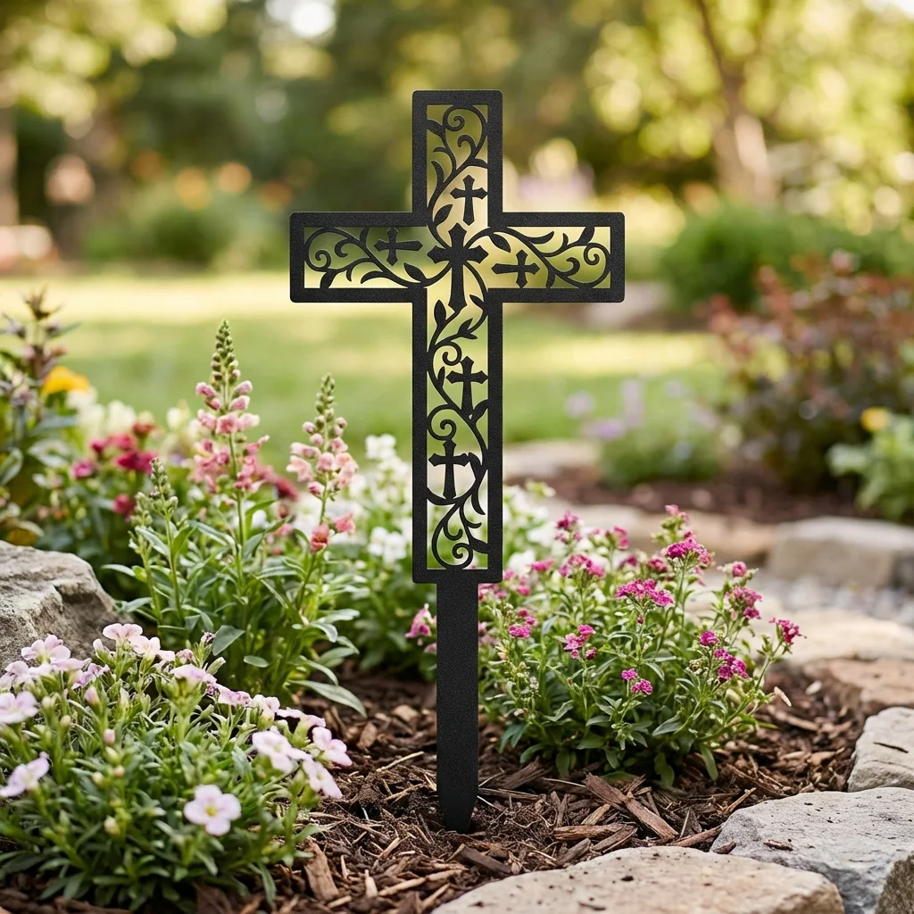 Krzyż Ogrodowy Pielgrzyma – metalowa dekoracja sakralna do ogrodu