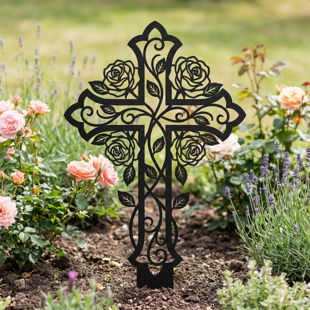Krzyż Ogrodowy Różany – metalowa dekoracja sakralna do ogrodu