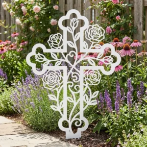 Krzyż Różanej Łaski – metalowa dekoracja sakralna do ogrodu