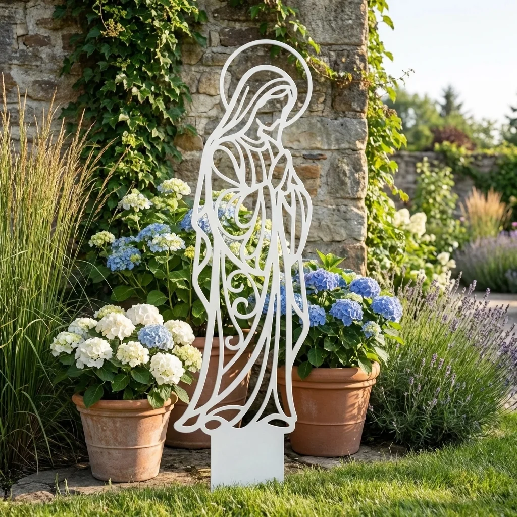 Matka Boża Ogrodowej Ciszy – metalowa dekoracja sakralna do ogrodu