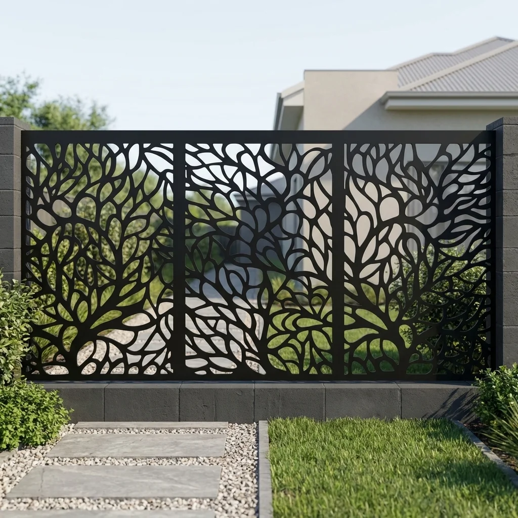 Metalowy panel ogrodzeniowy Liściasta Harmonia z ażurowym wzorem liści zamontowany przy nowoczesnej posesji. (AI Edited)
