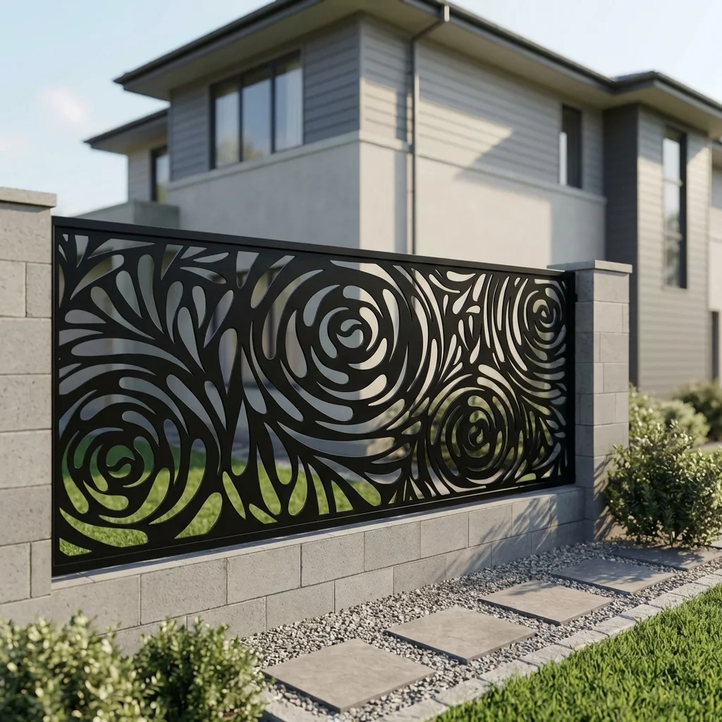 Metalowy panel ogrodzeniowy Różany Wir z ażurowym wzorem spiral i organicznych linii zamontowany przy nowoczesnej posesji.