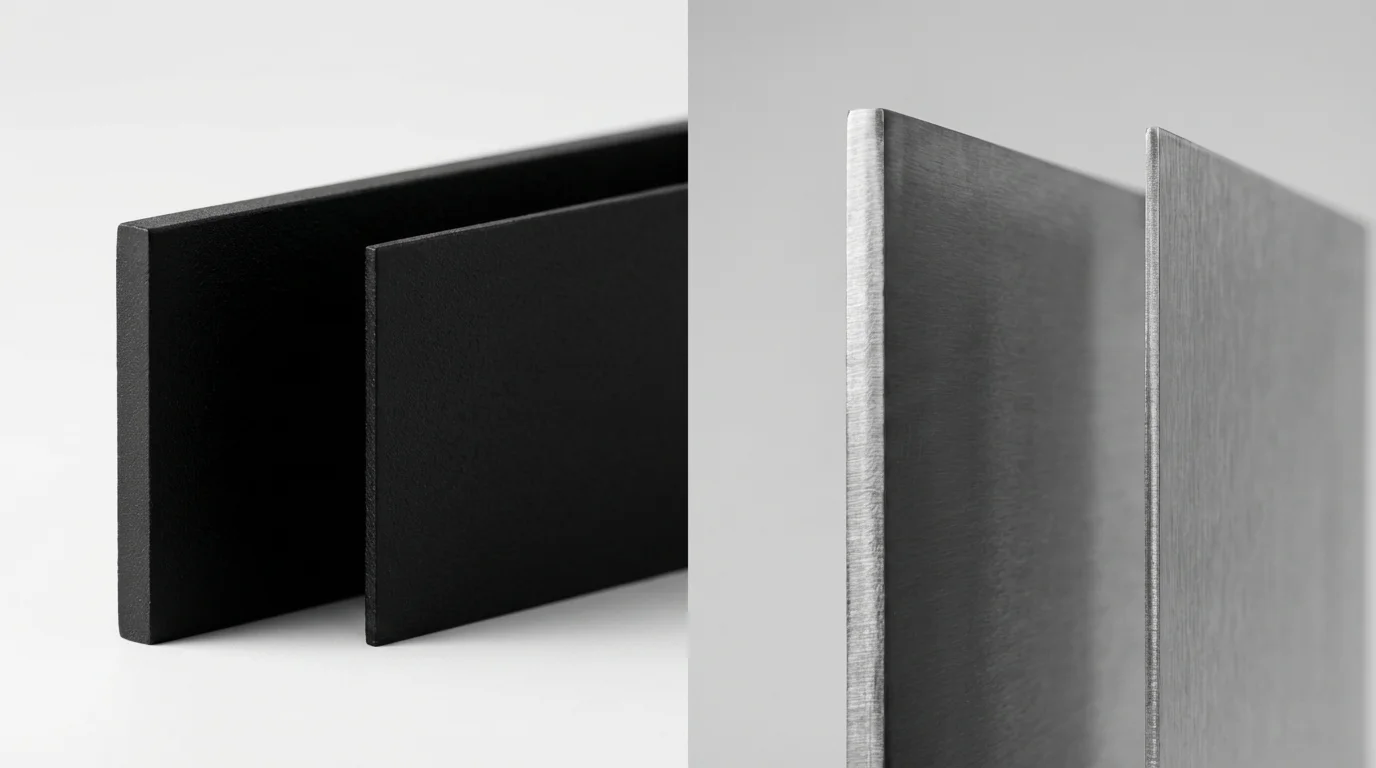 Porównanie grubości blachy stalowej – czarna malowana proszkowo i surowa stal w zbliżeniu