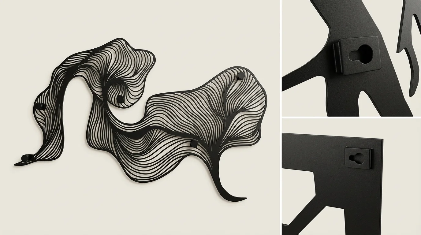 Metalowa dekoracja ścienna z koniem – tył produktu i zbliżenie systemu mocowania