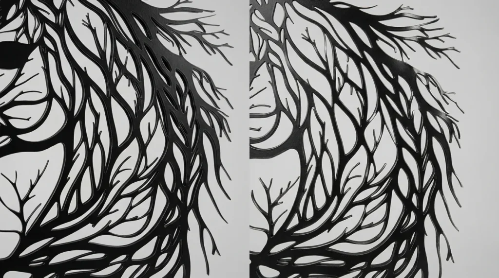 Porównanie detali metalowej dekoracji ściennej z koniem – po lewej proste i równe wycięcia, po prawej lekko powyginane cienkie elementy