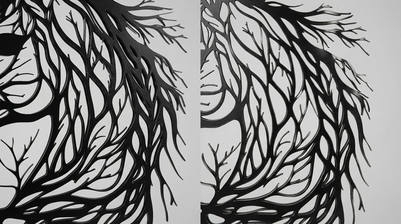 Porównanie detali metalowej dekoracji ściennej z koniem – po lewej proste i równe wycięcia, po prawej lekko powyginane cienkie elementy