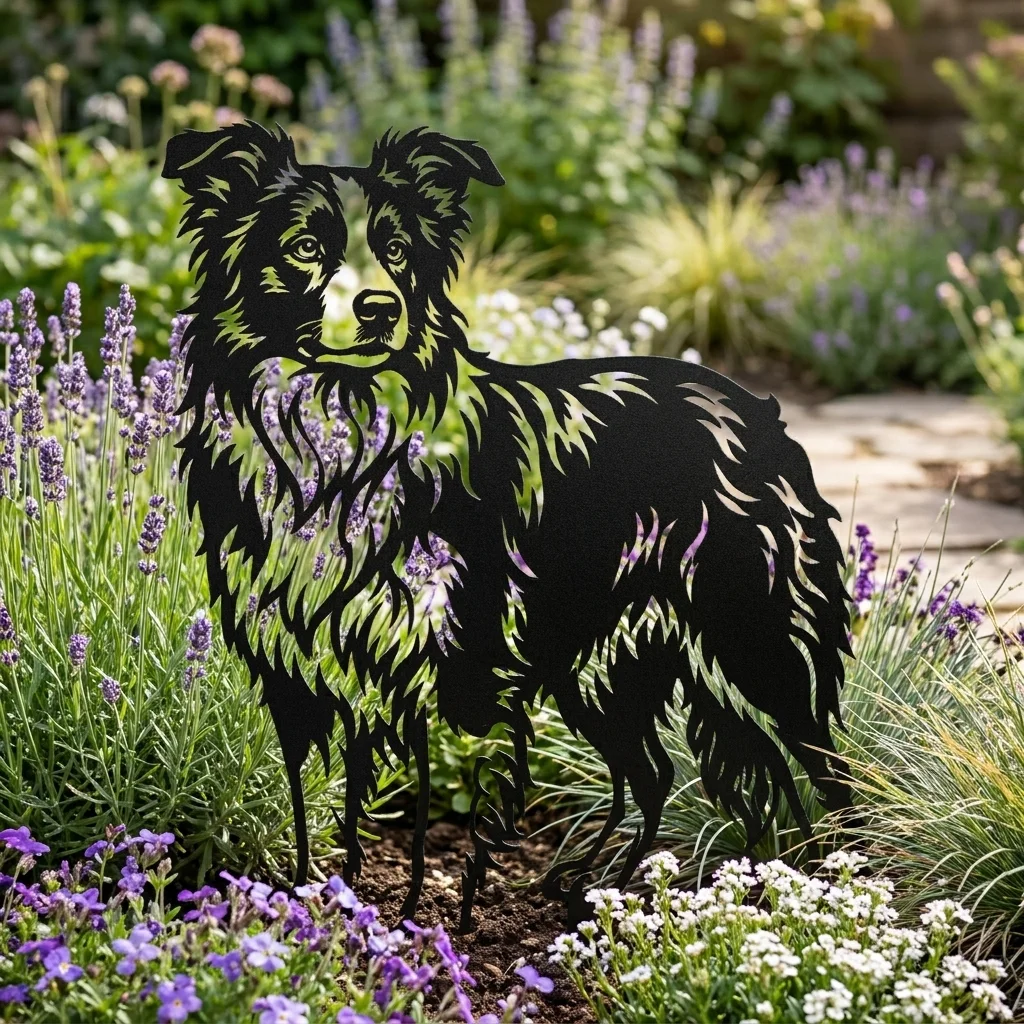 Border Collie v3 metalowa dekoracja ogrodowa do wbicia w ziemię