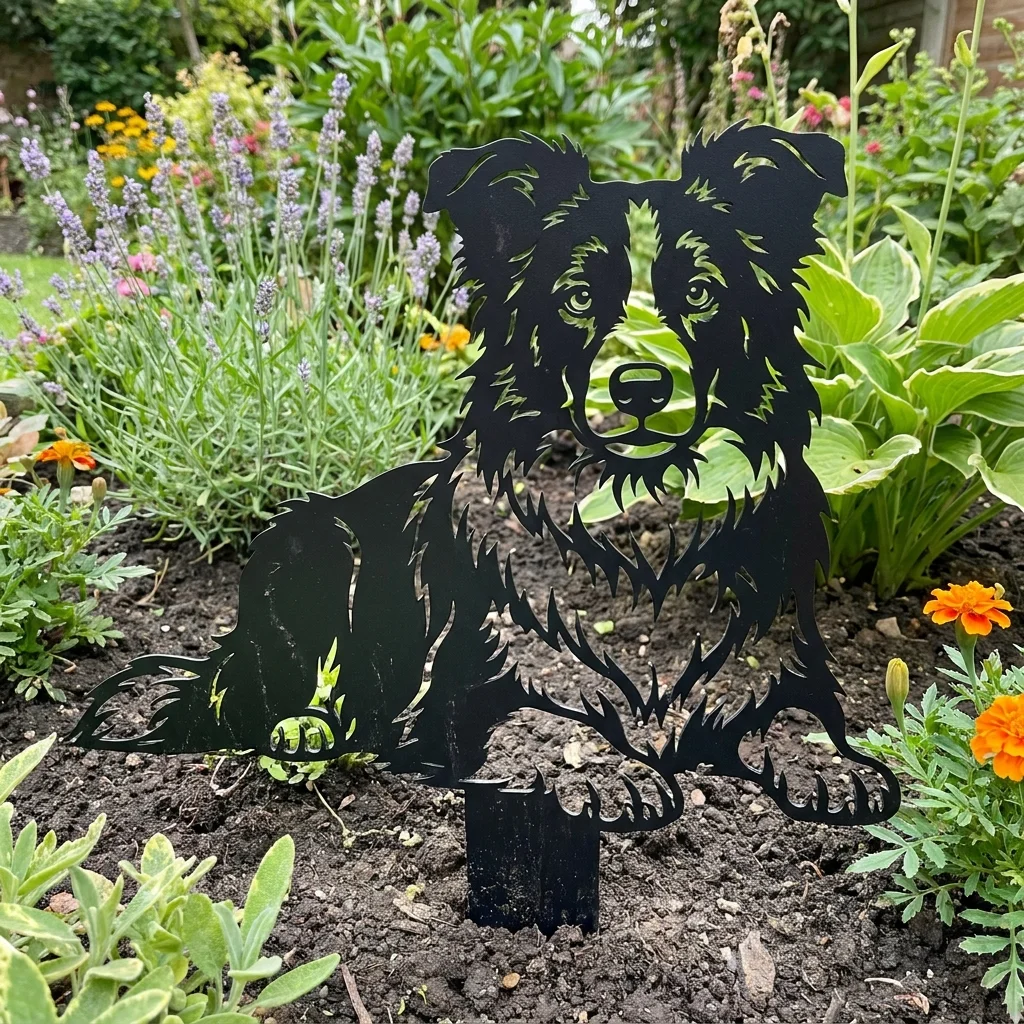 Border Collie v4 metalowa dekoracja ogrodowa do wbicia w ziemię