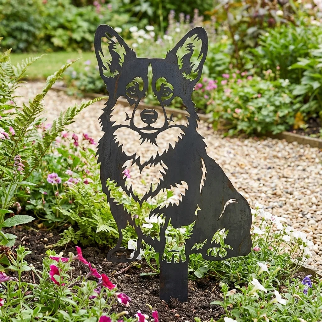 Corgi metalowa dekoracja ogrodowa do wbicia w ziemię