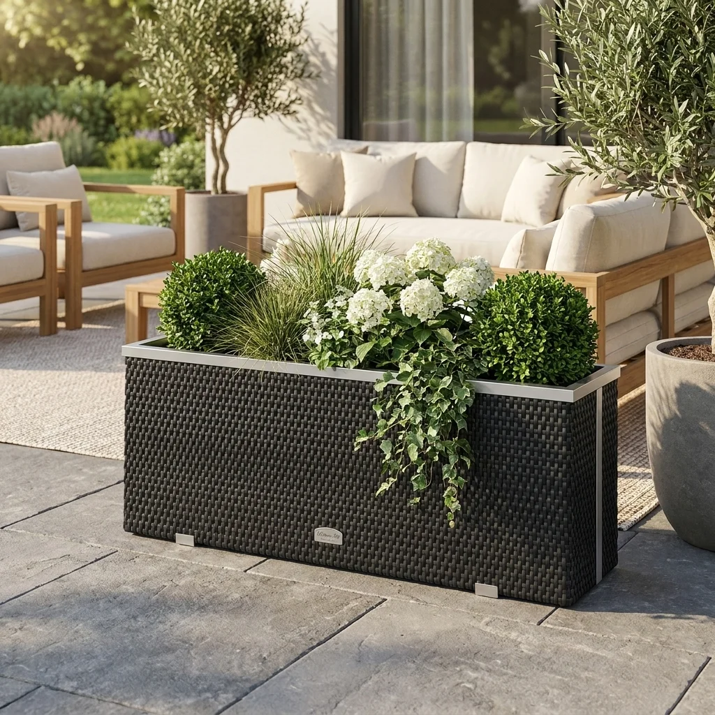 Donica technorattanowa 98x25x34 cm podłużna na balkon i taras
