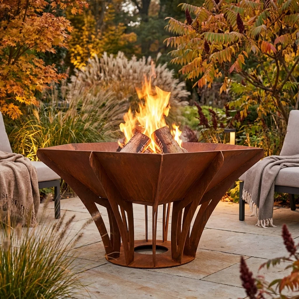 Palenisko Ogrodowe Fire Lotus metalowe palenisko corten z ogniem w ogrodzie