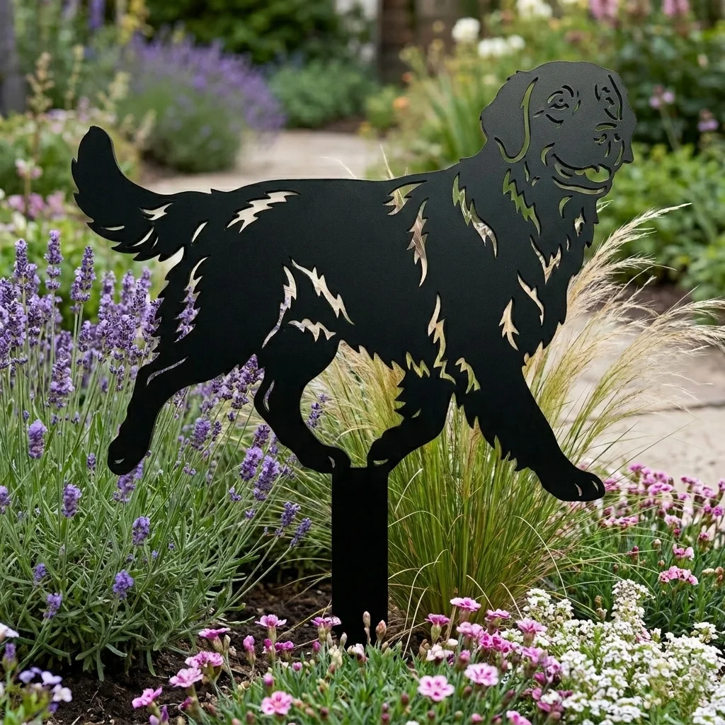 Golden_Retriever v4 – Dekoracja Ogrodowa Metalowa wśród lawendy i traw ozdobnych
