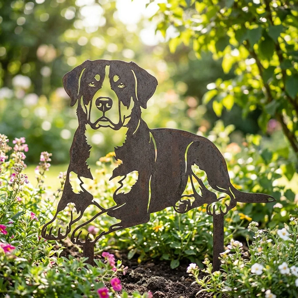 Greater Swiss Mountain Dog metalowa dekoracja ogrodowa do wbicia w ziemię