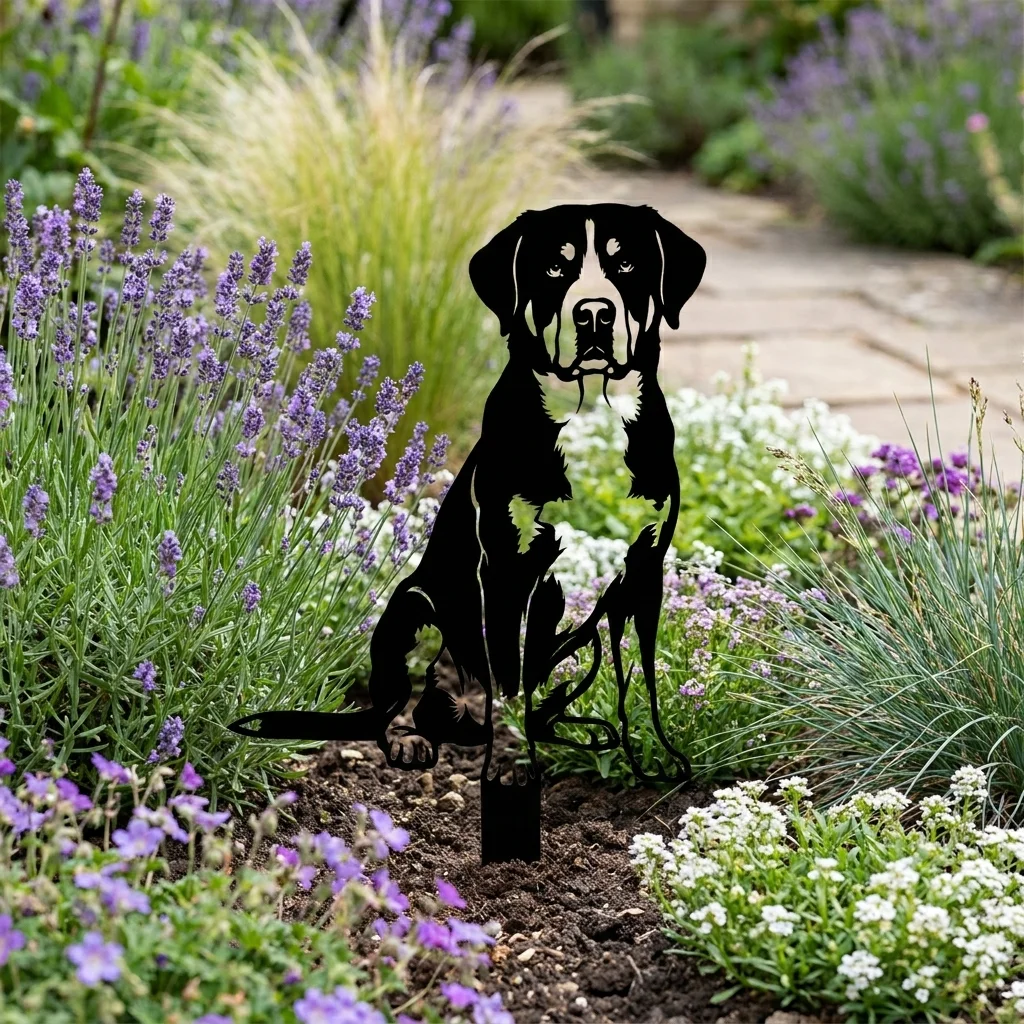 Greater Swiss Mountain Dog v3 metalowa dekoracja ogrodowa do wbicia w ziemię