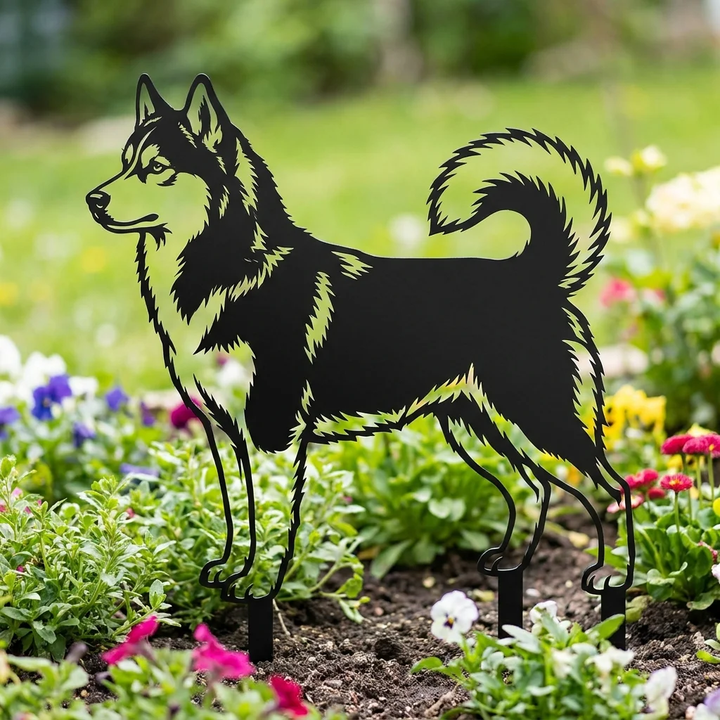Husky syberyjski v2 metalowa dekoracja ogrodowa do wbicia w ziemię