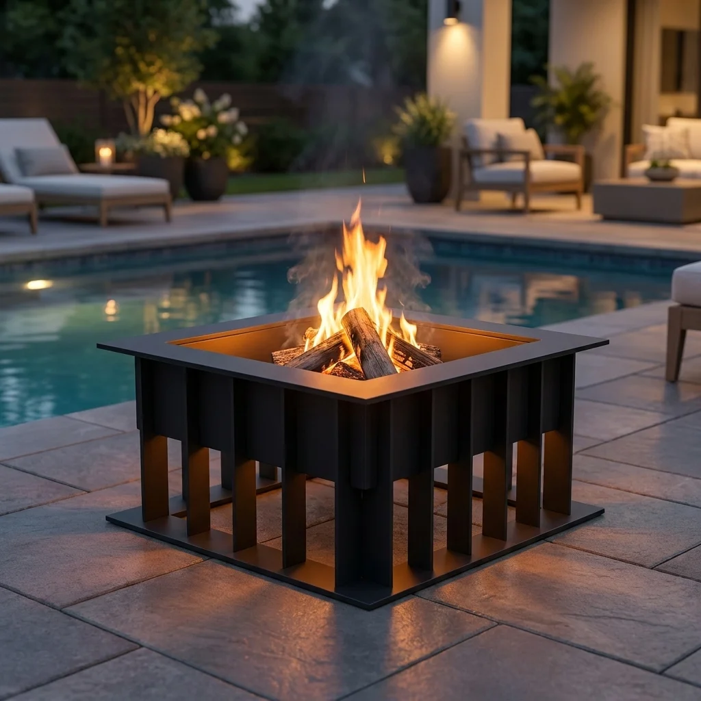 Palenisko Tarasowe Iron Fortress kwadratowe czarne palenisko metalowe z ogniem przy basenie