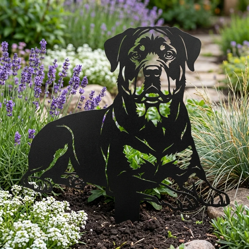 Rottweiler v3 metalowa dekoracja ogrodowa do wbicia w ziemię
