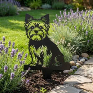 Yorkshire Terrier v2 – Dekoracja Ogrodowa Metalowa do wbicia w ziemię wśród lawendy